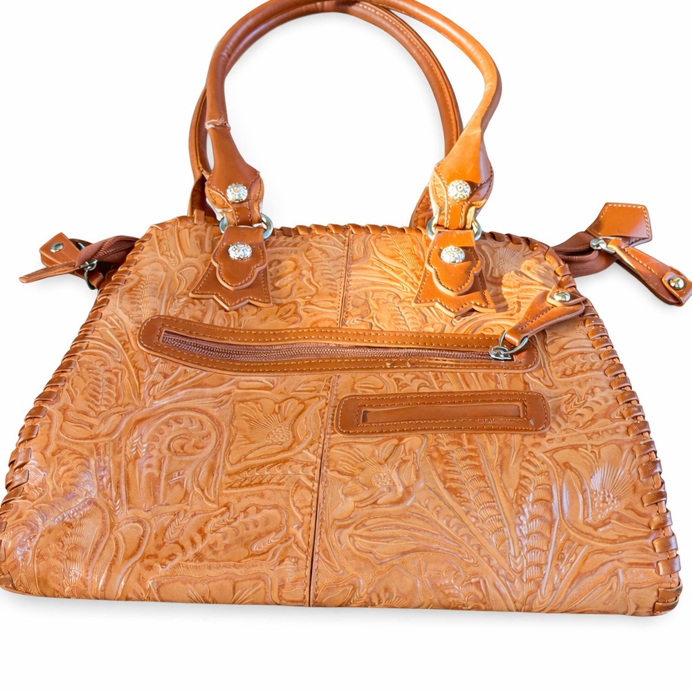 Tooled Leather Western Satchel Handbag | Zip Top | Shoulder Strap